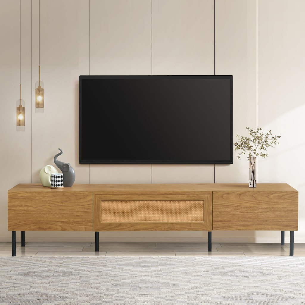 Bohemian Style Rattan TV Stand Media Console, for TVs up to 80" with 3 Pull-down Cabinets, for Living Room
