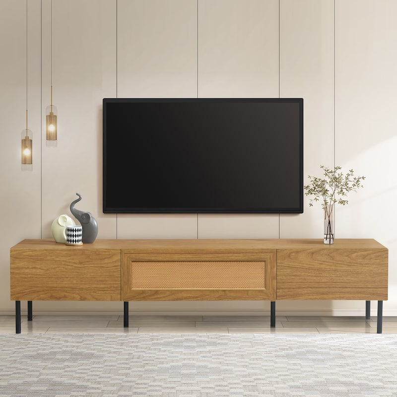 Bohemian Style Rattan TV Stand Media Console, for TVs up to 80" with 3 Pull-down Cabinets, for Living Room - Beige