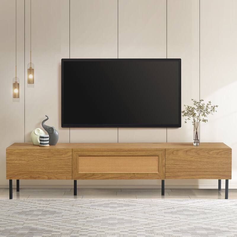 Boho TV Stand Rattan Entertainment Center with 3 Pull-Down Cabinets