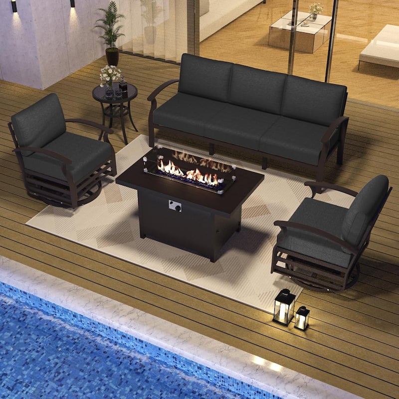 Aluminum Patio Furniture Set with FirePit Ottomans Swivel Chairs,Sectional Sofa with Thick Seat Cushions for Porch Garden