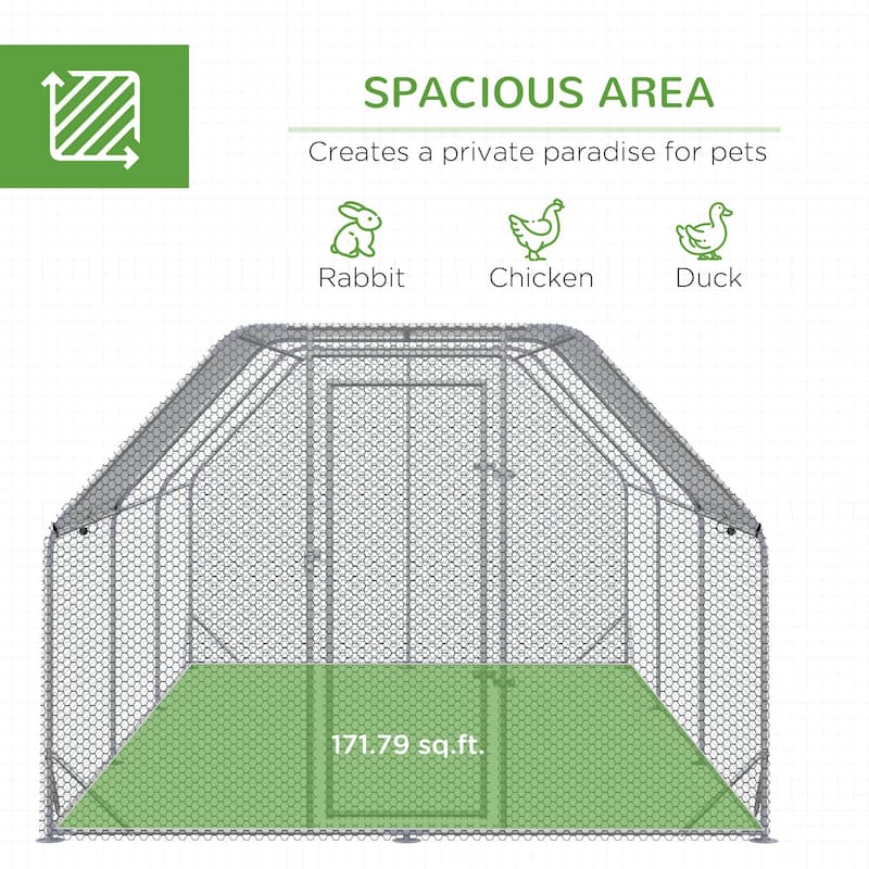 Large Metal Chicken Coop with Shady Roof and Lockable Door Walk-in Poultry Run for 15-18 Hens
