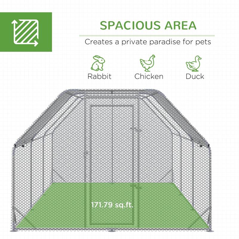PawHut Large Chicken Coop Metal Chicken Run with Waterproof and Anti-UV Cover, Flat Shaped Walk in Fence Cage Hen House