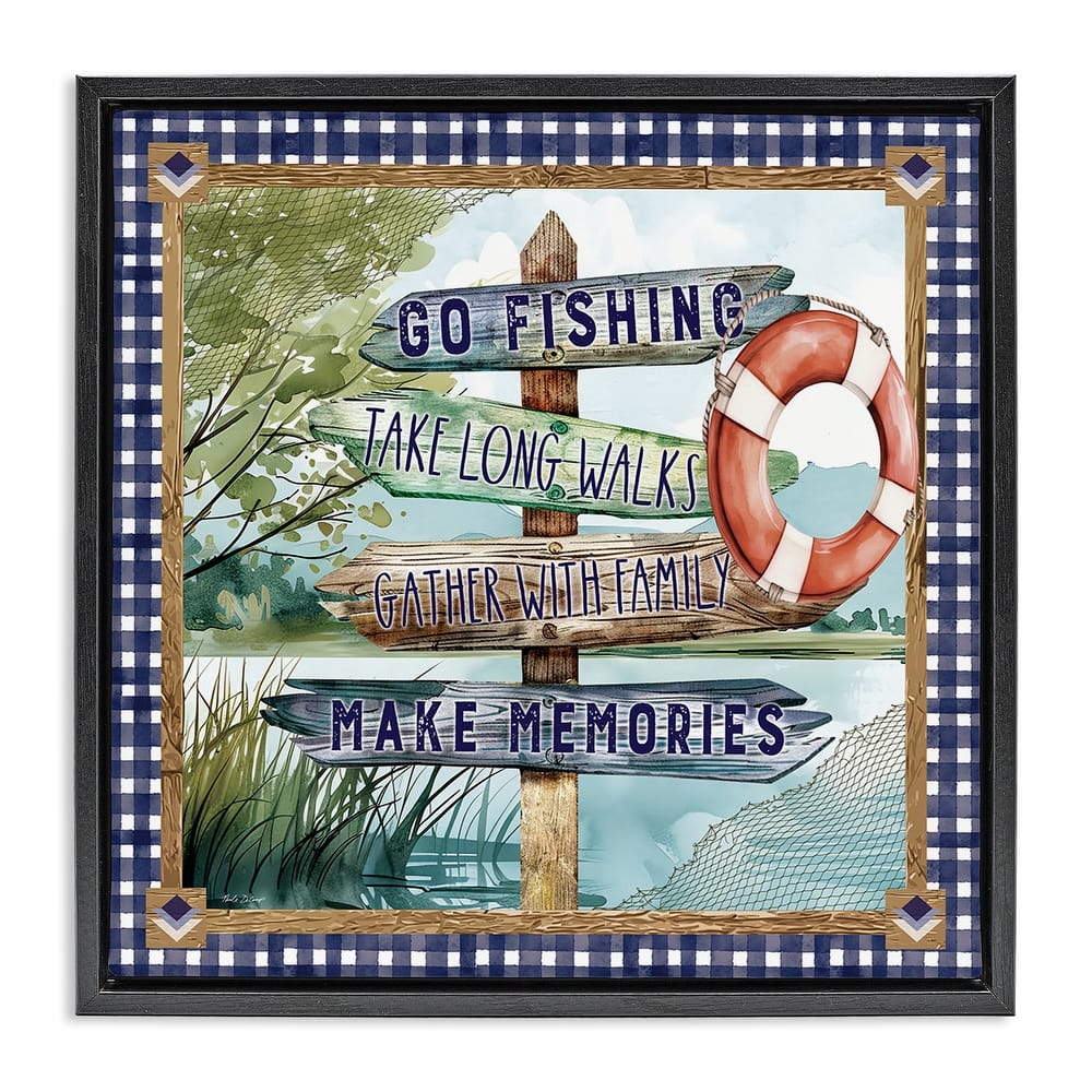 Stupell Plaid Border Lake Sign Framed Floater Canvas Wall Art Design By Nicole DeCamp