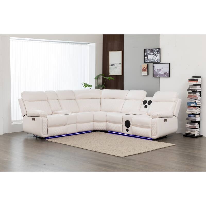 Hathrone 98.5" Wide Vegan Leather Power Reclining Sectional with LED, USB and SubWoofer Sound System - White