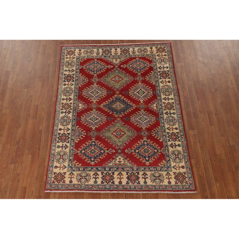 Red Kazak Area Rug Hand-Knotted Oriental Wool Carpet - 5'0" x 6'8"