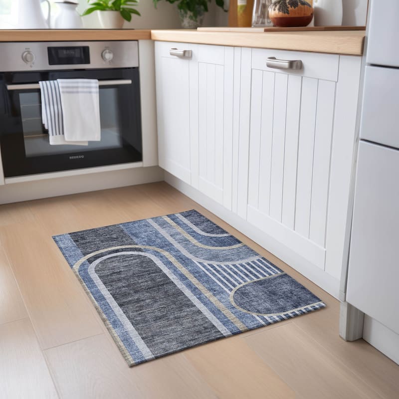 Machine Washable Indoor/ Outdoor Chantille Mid Century Modern Rug - Navy - 1'8" x 2'6"