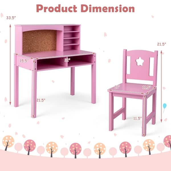 dimension image slide 1 of 2, Costway Kids Desk and Chair Set Study Writing Workstation with Hutch & - See Details