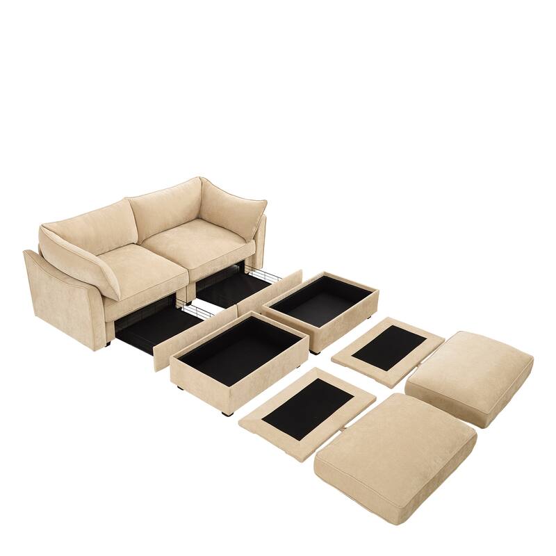 Modern Chenille Sectional Sofa Couch with Hidden Storage & 2 Ottoman