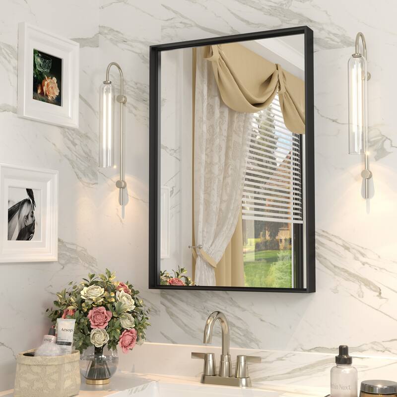 Full Size Metal Frame Wall Mirror Black Tempered Glass for Bathroom