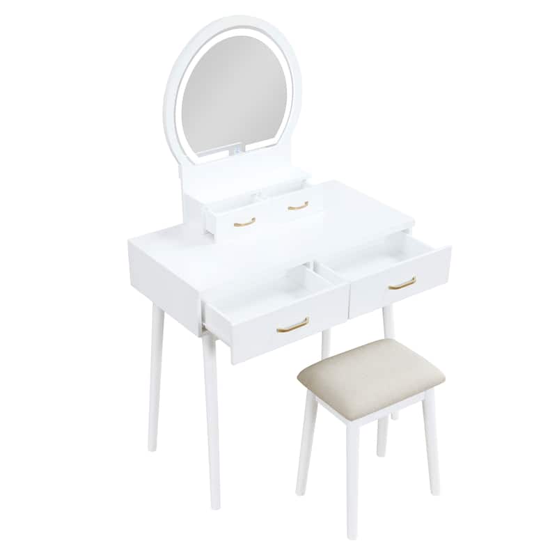 Beautiful White Finish Vanity Dresser with Mirror and Stool - White