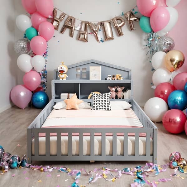 slide 2 of 12, Kids and Baby Full Size Platform Bed with Bookcase and Chalkboard