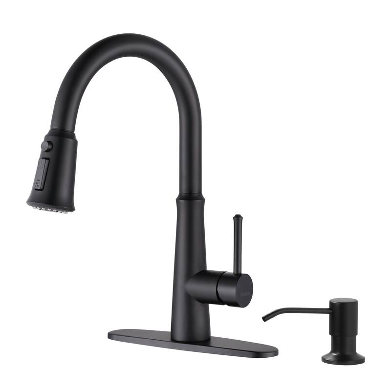 WOWOW Pull Down Sprayer Kitchen Faucet with Soap Dispenser - Matte  Black