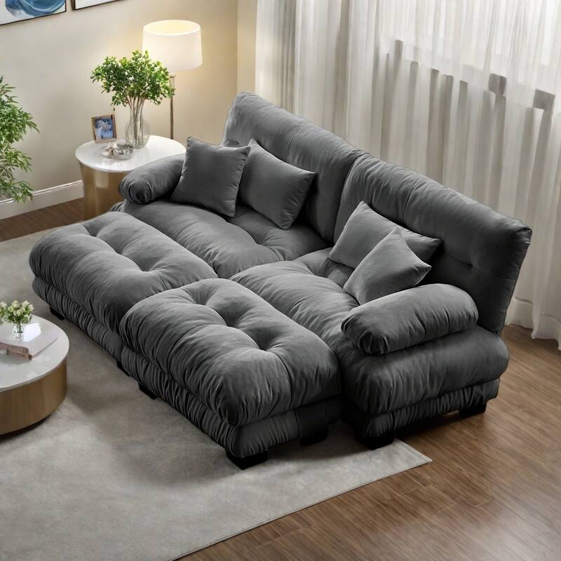 94.4" 2-Seater Chenille Cloud Couch with 4 Pillows and 2 Ottomans(Convertible Sleeper Sofa) - Gray