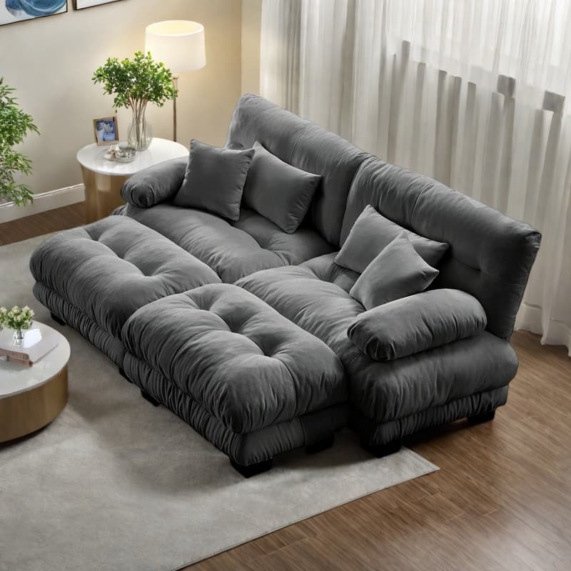 94.4" 2-Seater Chenille Cloud Couch with 4 Pillows and 2 Ottomans(Convertible Sleeper Sofa)