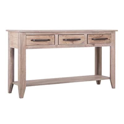 Rima Sofa Console Table, 3 Drawers, Shelf, Natural Teak Brown 54 Inch