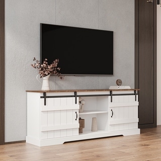 White Wood TV Stand Farmhouse Sliding White Barn Door Stand