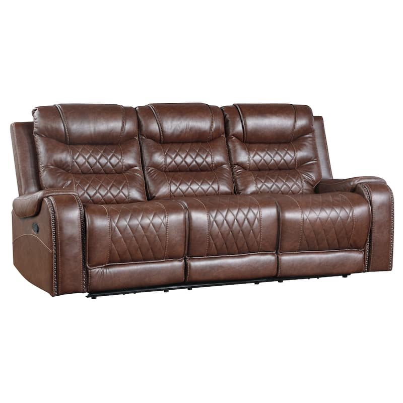 Paul 87 Inch Manual Recliner Sofa, Drop Table Cupholders Brown Faux Leather