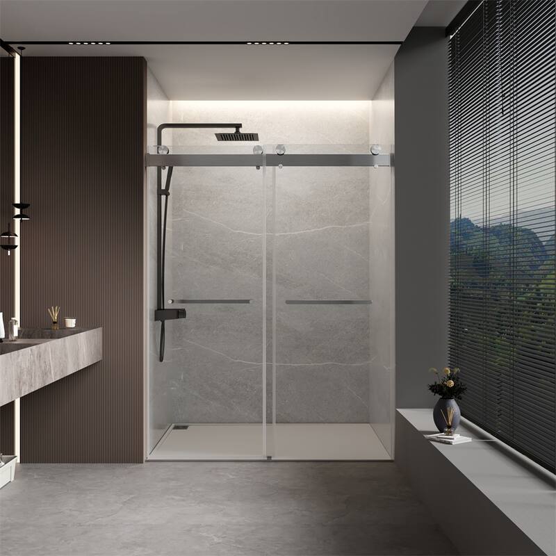 Sliding Frameless Soft-Close Shower Door w/ 3/8" Thick Tampered Glass - Brushed Nickel