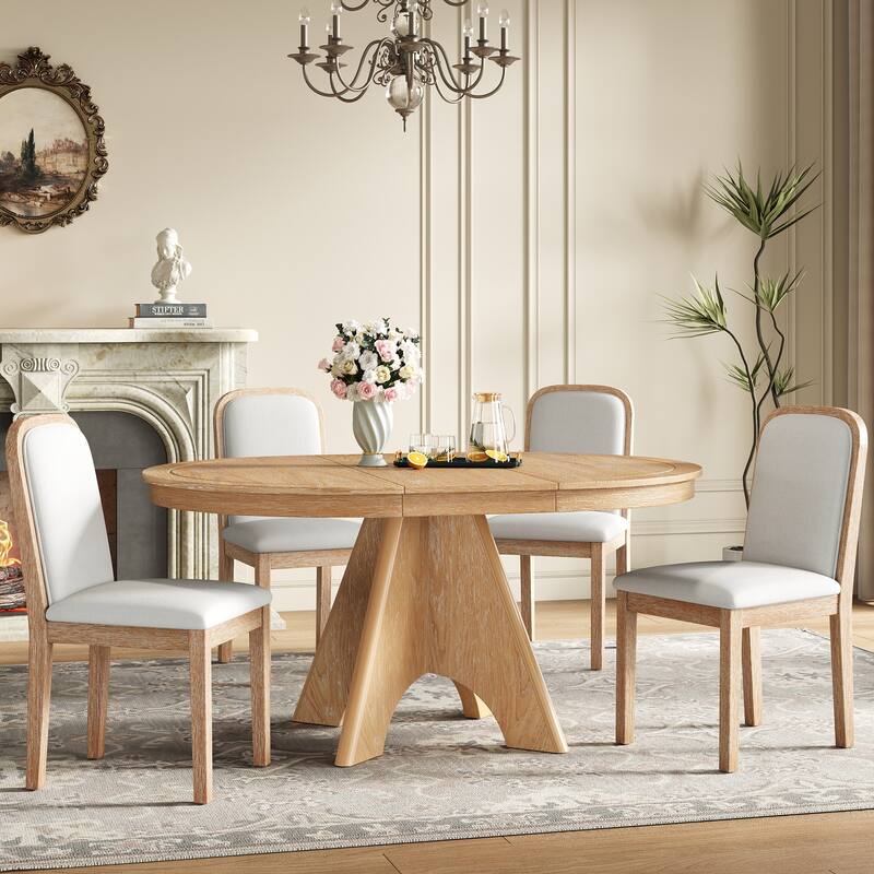 Vintage 5-Piece Extendable Dining Table Set with 4 Upholstered Chairs for Rustic Farmhouse Kitchen Aesthetics
