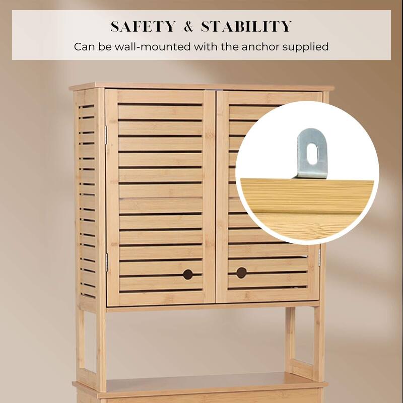 Over The Toilet Storage Cabinet with Double Vented Doors and Open Shelf, Natural - Trinidad Collection