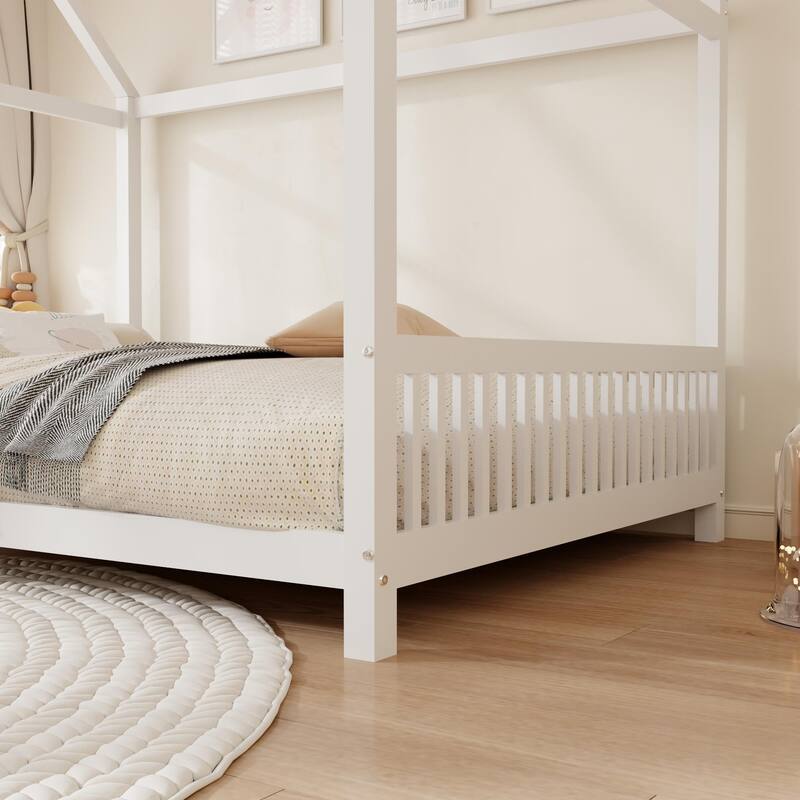 White Full Size Solid Wood House Bed with Guardrail, LED and Roof for Kids, Boys and Girls