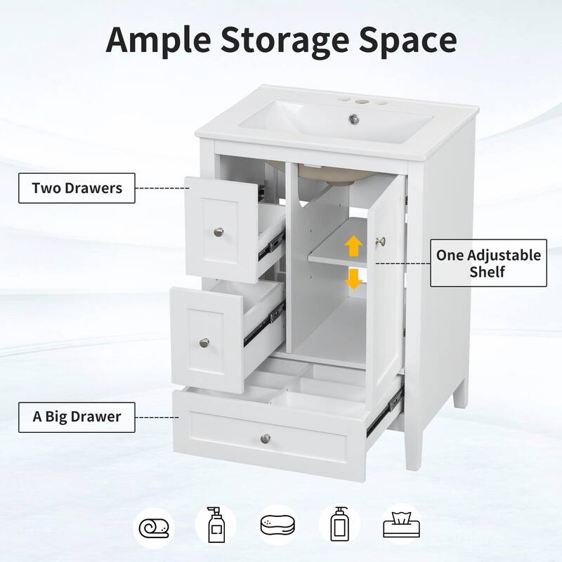 24-Inch Bathroom Vanity with Storage, Adjustable Shelf, Removable Dividers