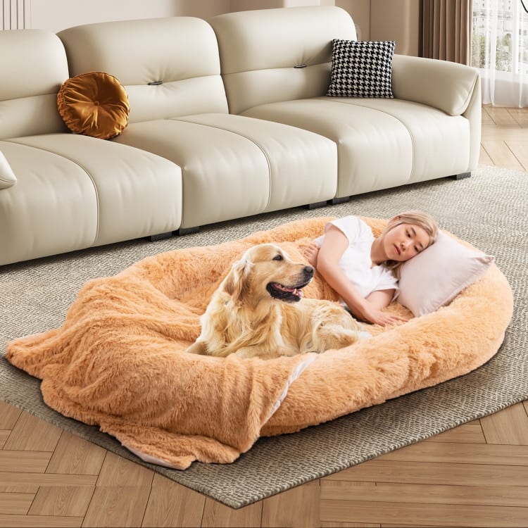 Washable Fluffy Human Dog Bed with Soft Blanket and Plump Pillow - 68" x 46" x 10" (L x W x H)