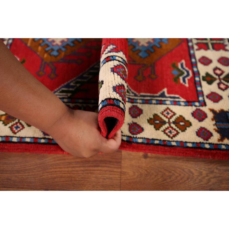 Geometric Red Kazak Accent Rug Hand-Knotted Wool Carpet - 2'1" x 2'11"