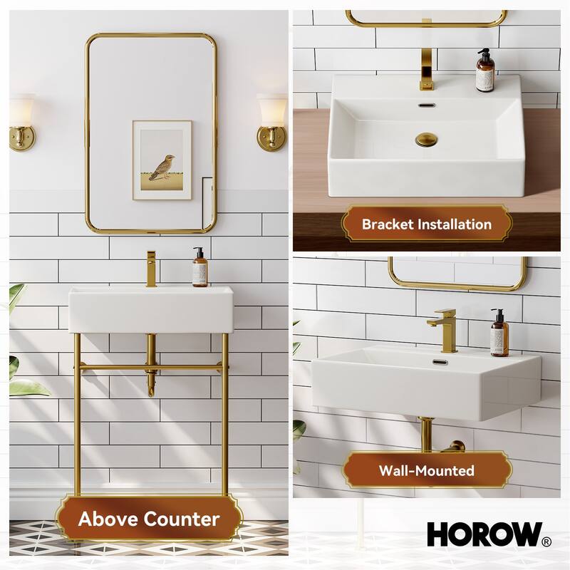 HOROW 24 in. Ceramic White Rectangular Bathroom Console Sink with Golden Legs and Overflow