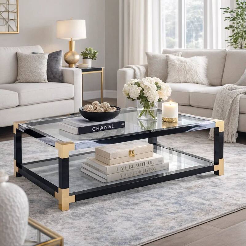 Rectangular Metal Coffee Table with Glass Top and Shelf, Black