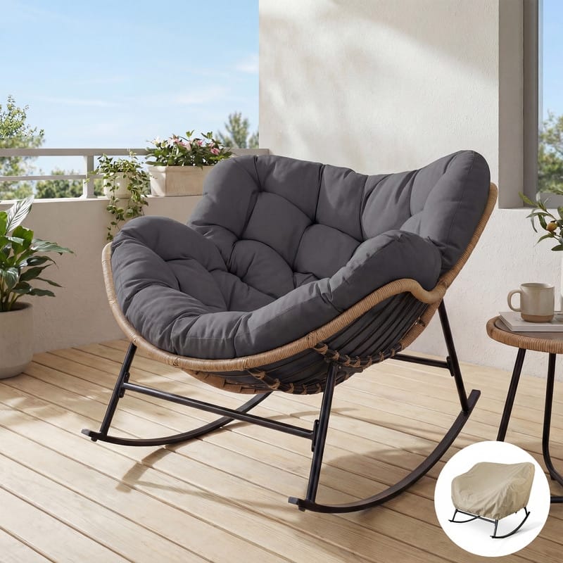 Oversized Indoor Outdoor Royal Papasan Rocking Chair, Patio Egg Rocker with Cushions, 450 lb Capacity - 1PC-Grey w/ Cover
