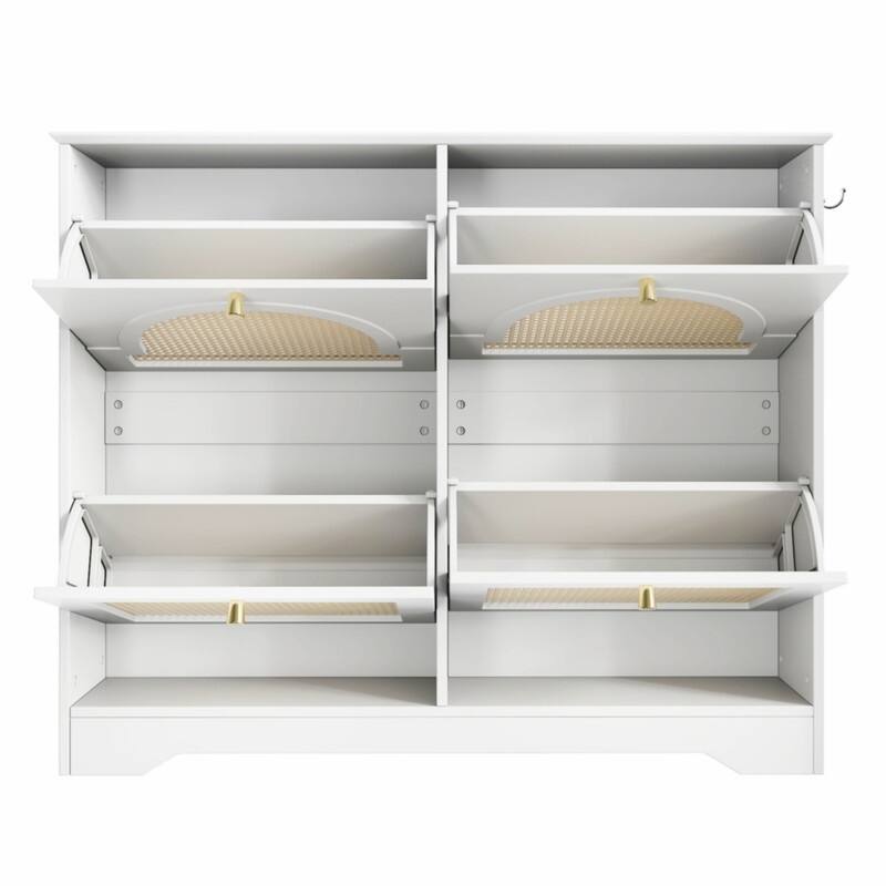 Narrow Shoe Cabinet with 4 Flip Drawers, Elegant Entryway Shoe Organizer with 4 Rattan Doors, Freestanding Shoe Rack w/ 2 Hooks
