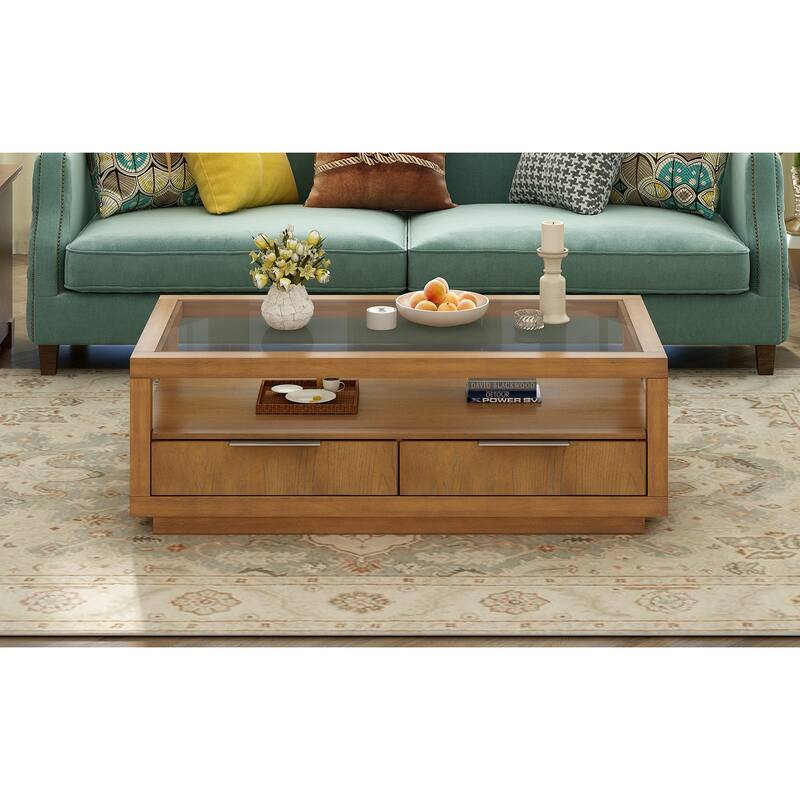 Coffee Table with Transparent Tempered Glass and 2 Drawers, Center Table with Open Storage Shelf
