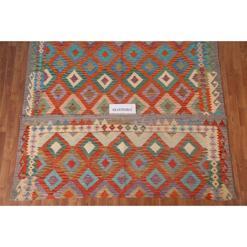 Hand Woven Oriental 100% Wool Carpet Southwestern Geometric Oranges & Rust Kilim Area Rug - 9' 11'' X 6' 10''
