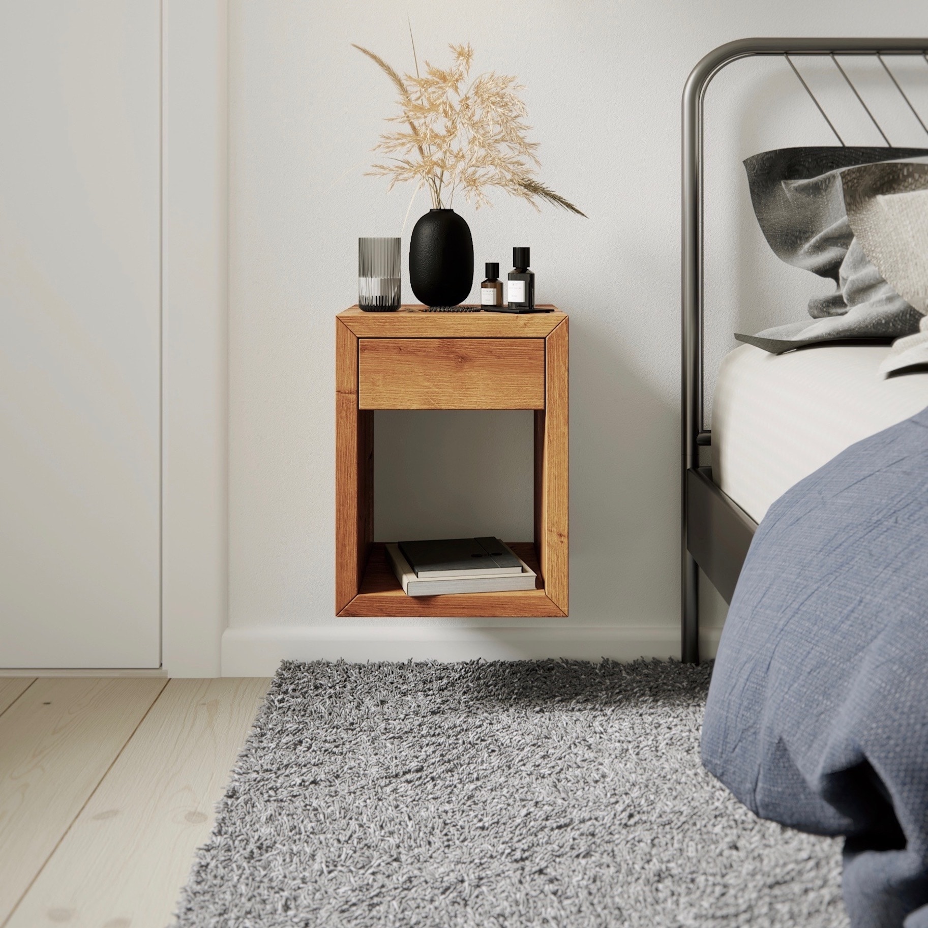 Woodek Design Solid Oak Wall Mounted Nightstand Drawer Organizer Handcrafted Floating Bedside Unit Modern Wooden Side Table for Bedroom Artisan