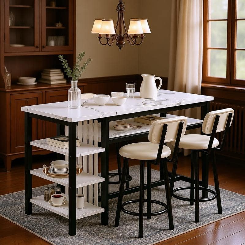 3-Piece Dining Room Table Set with 2 Upholstered Bar Stools, Modern Farmhouse Bar Table Set for 2 with Multiple Tier Shelves