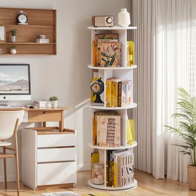 VECELO 5-Tier Rotating Bookcase 7.18" Bookends 50.39" Tall Space-Saving Design for 80-100 Books Bookcase