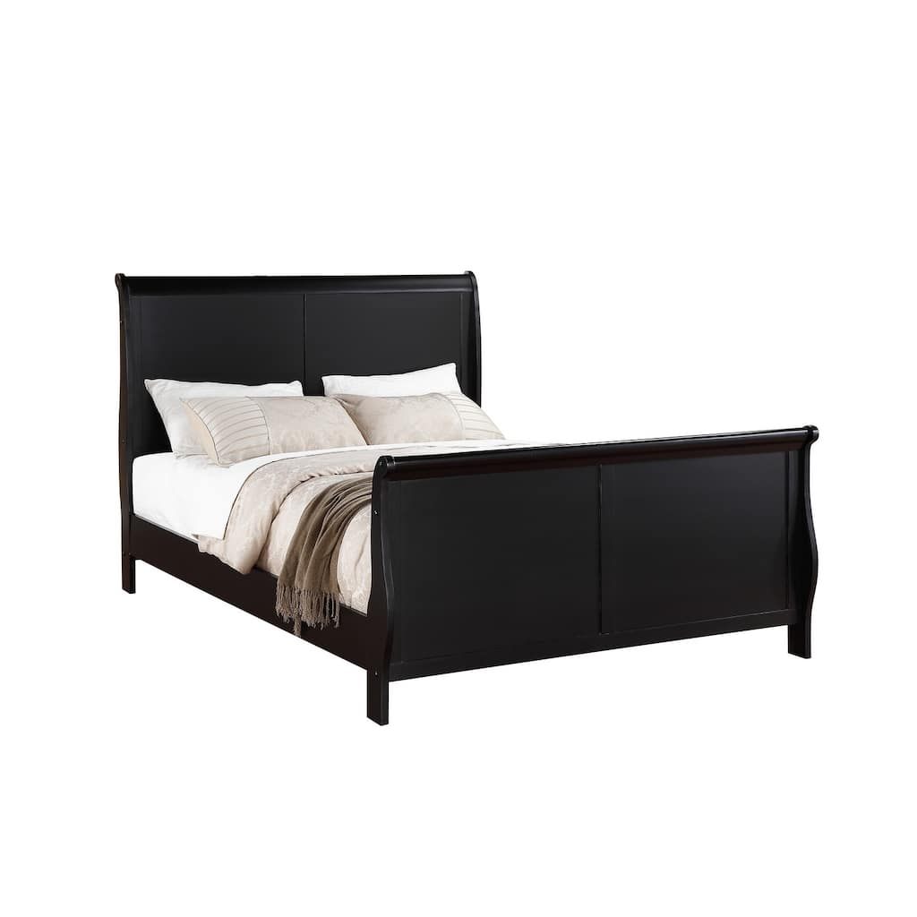 Modern Queen Size Bed with Sleigh Design Headboard and Footboard in Black Finish