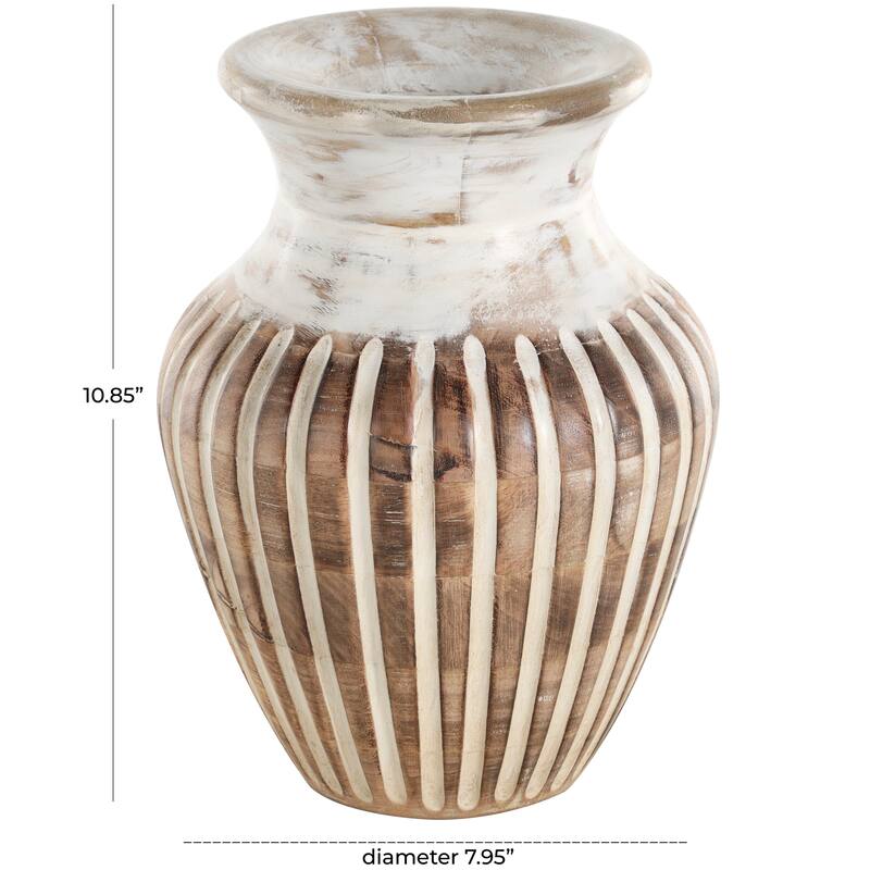 Brown Mango Wood Distressed Decorative Vase with Carved Grooves