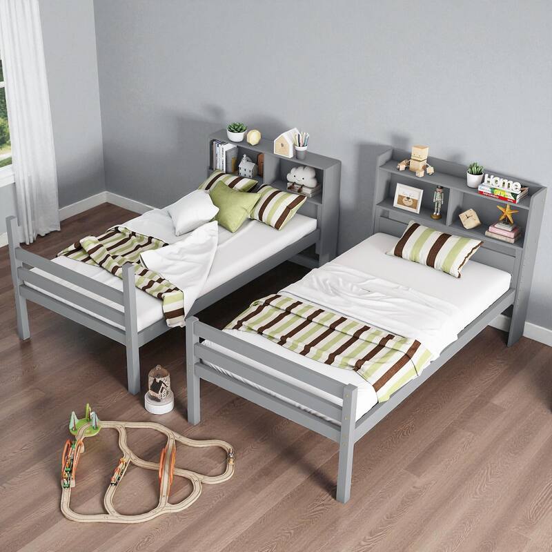 Twin Over Twin Bunk Bed with Shelves Headboard, Solid Rubber Wood Frame with Guardrails, Ladder, and Convertible Design