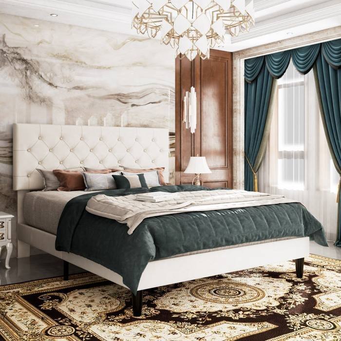 Low Profile Platform Bed with Button-Tufted Faux Leather Headboard