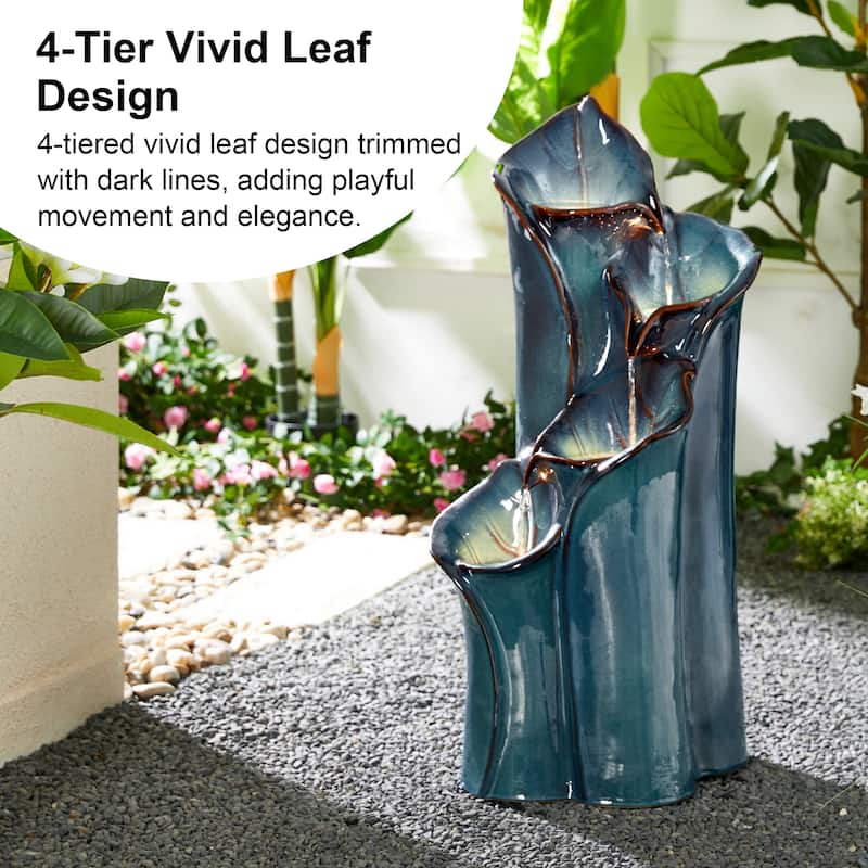 Glitzhome 31"H 4-Tiered Lotus Leaf Textured Ceramic Vase Outdoor Floor Fountain with LED