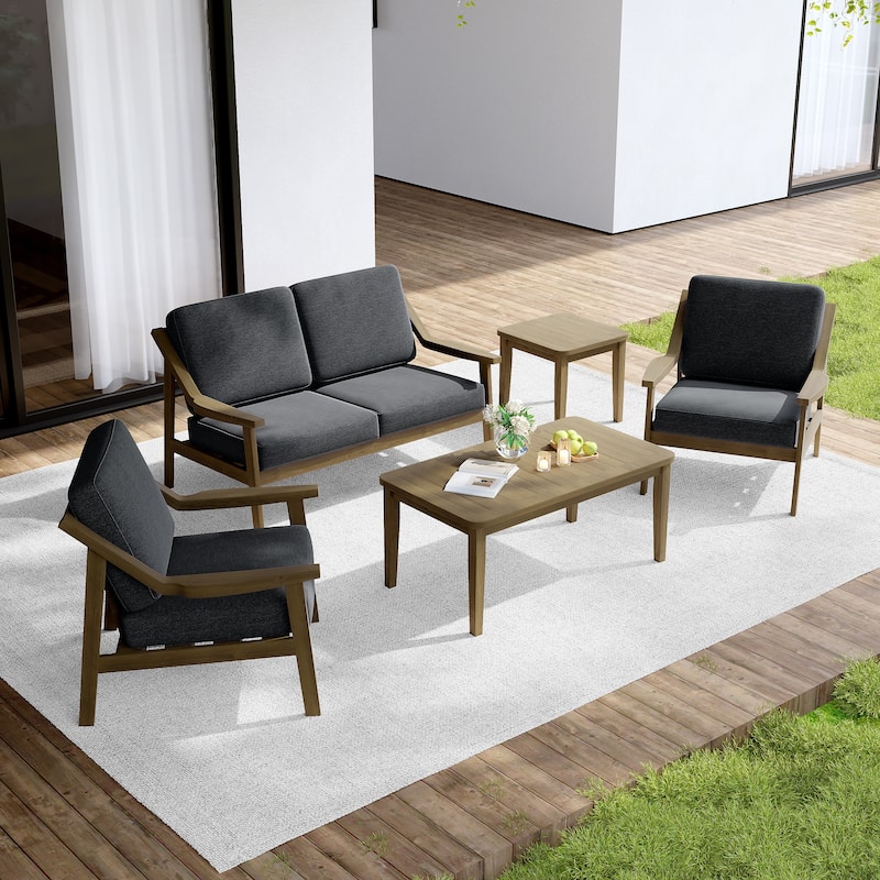 Outdoor Conversation Set Patio Cushioned Chair, Loveseat with Tables - Natural Wood - Dark Grey