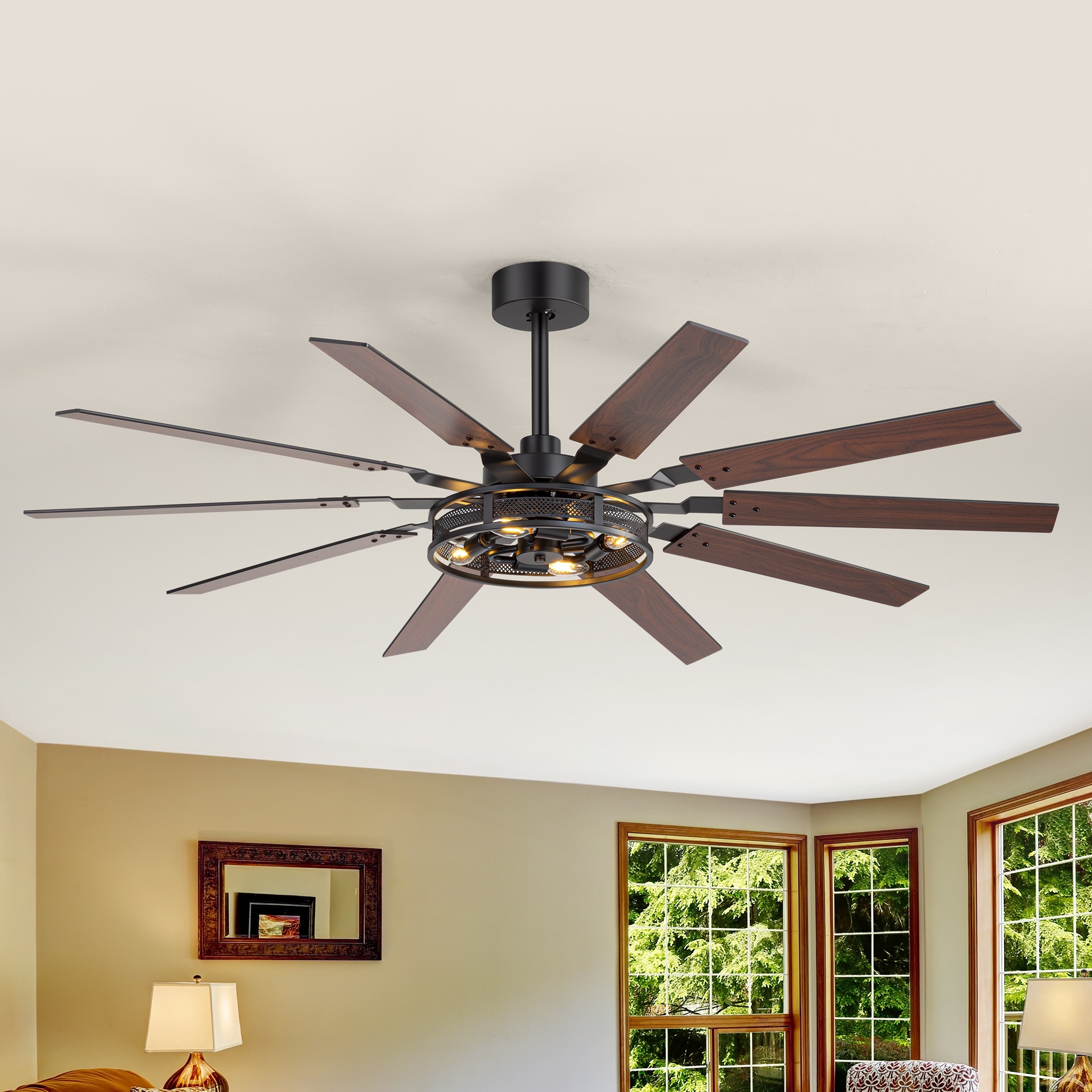 60 Inch Farmhouse Ceiling Fan with Light, Black Finish, 10 Wood Grain Blades, Quiet Reversible DC Motor, Remote Control - 60 in