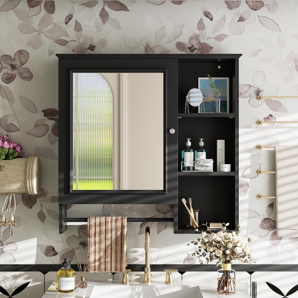 GDFStudio - Rosdale Modern Wall Mounted Bathroom Storage Mirror Cabinet with Adjustable Shelves, Open Storage and Towel Rack