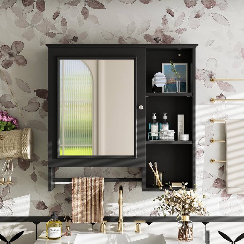 Modern Wall Mounted Design,Wall Mounted Bathroom Storage Cabinet,Medicine Cabinets with large mirror door - Black