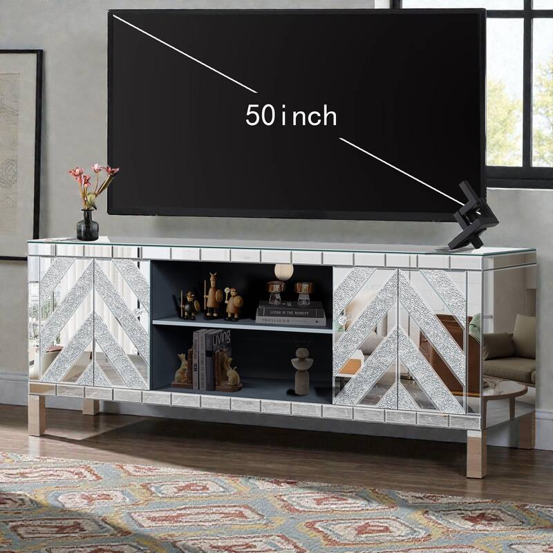 47 Inch Mirrored TV Stand with Diamond Glass Doors, Modern Media Console for TVs up to 50 Inch with Open Storage
