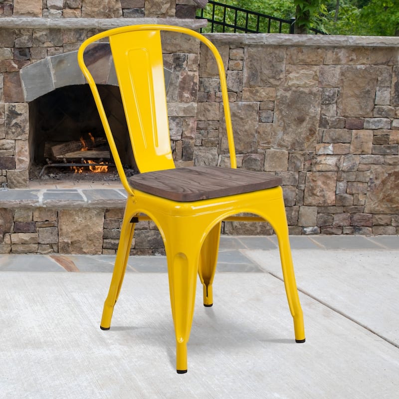 Wood Seat/ Galvanized Steel Stackable Chair (Set of 4) - 18"W x 20"D x 33"H - Yellow