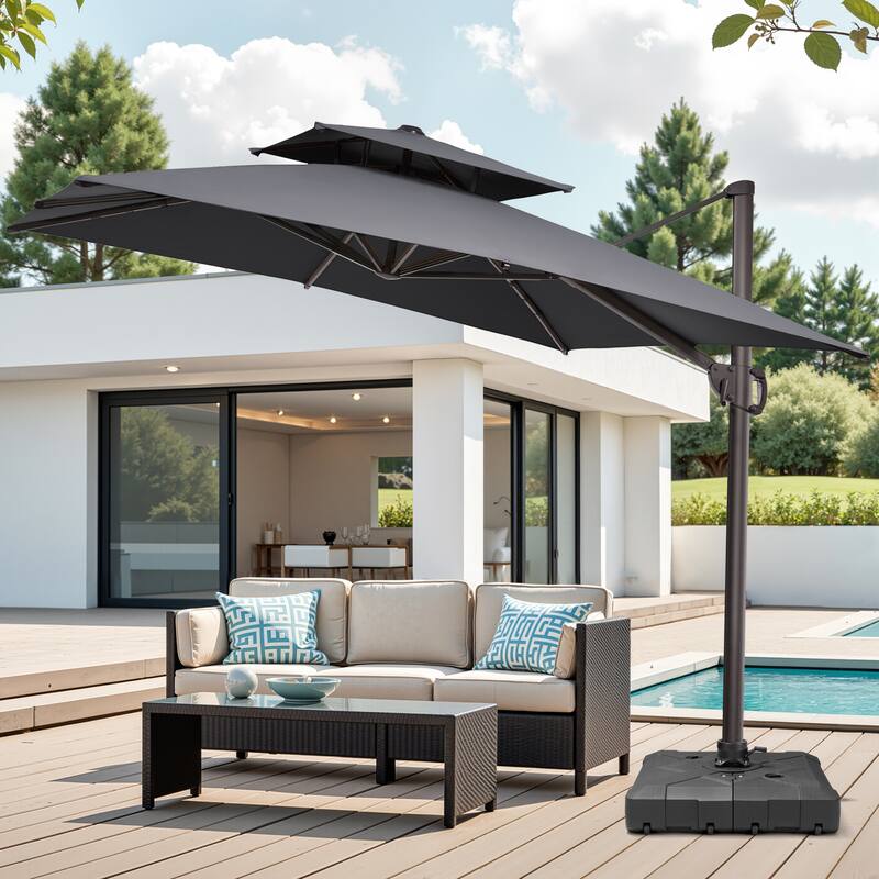 Pellebant 10 ft Square Patio Cantilever-Offset Umbrella 360 Degree Rotation with Wheel Base - Dark Grey