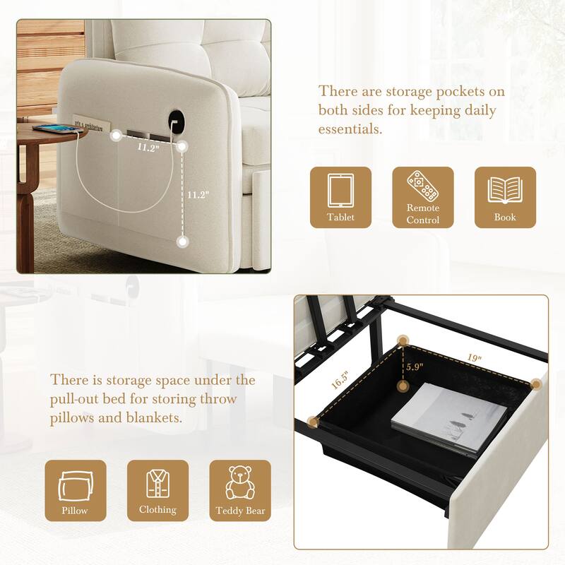 Roomfitters 3-in-1 Sleeper Chair Bed, 80'' Pull Out Lounge with USB Charging, Storage Pockets, Chenille